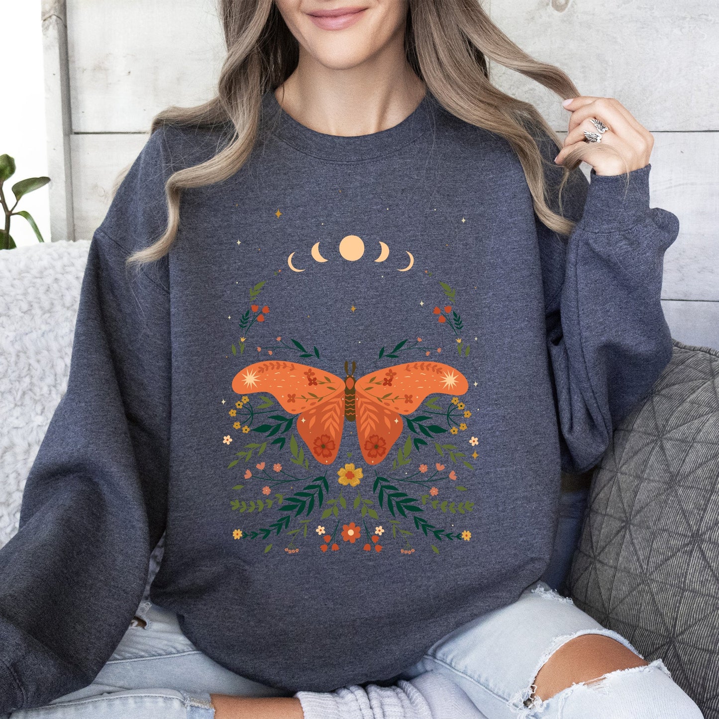 Celestial Garden Tale, Moth, Moon, and Flowers Sweatshirt