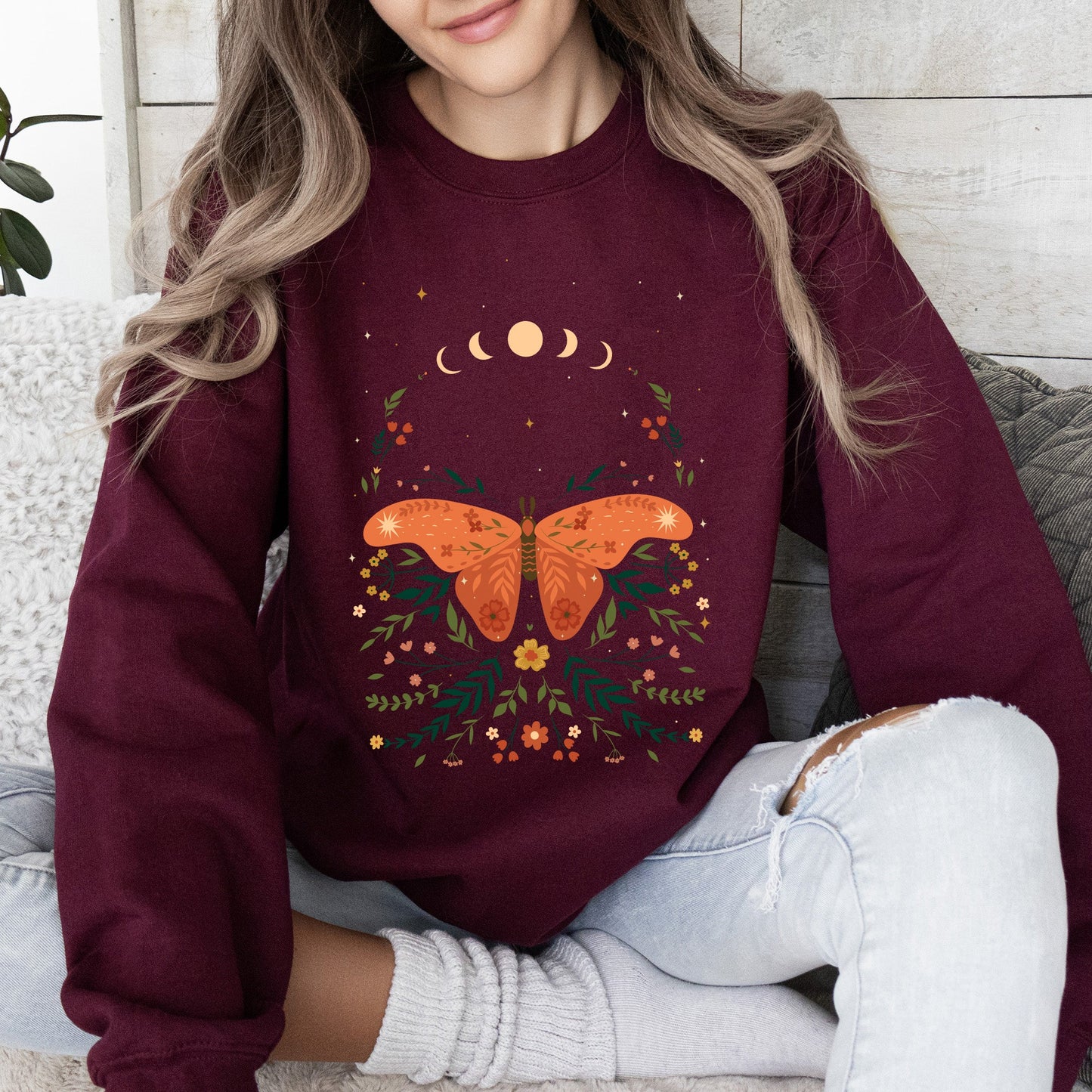 Celestial Garden Tale, Moth, Moon, and Flowers Sweatshirt