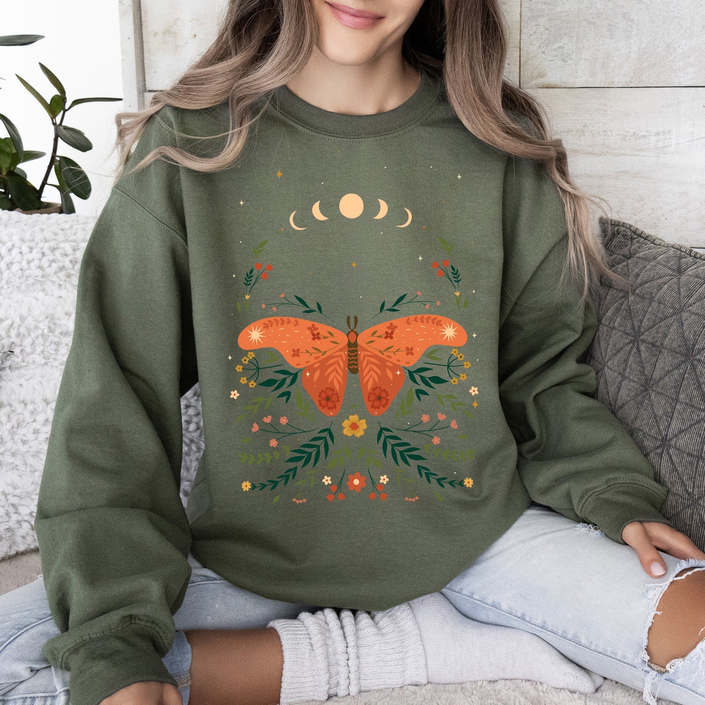 Celestial Garden Tale, Moth, Moon, and Flowers Sweatshirt