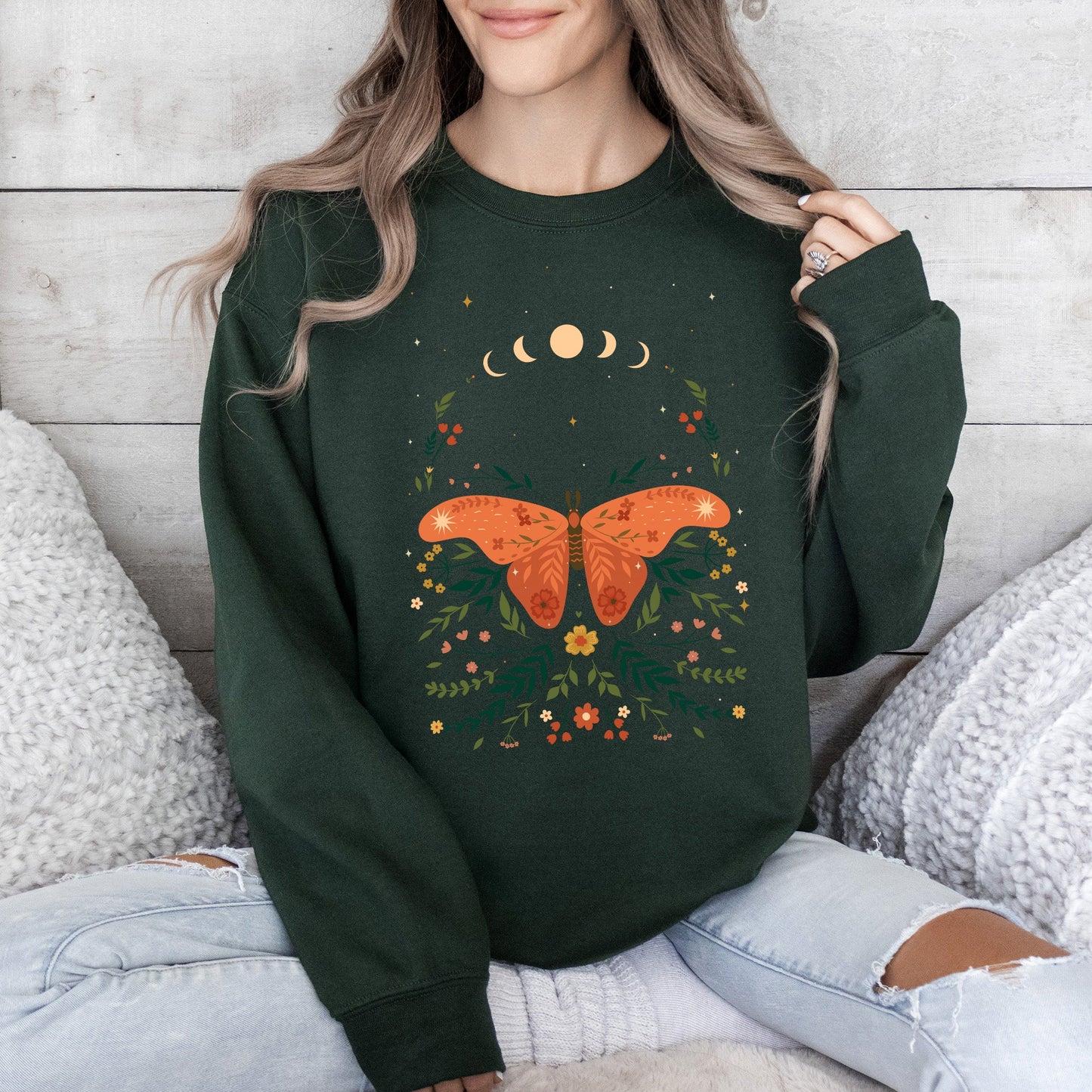 Celestial Garden Tale, Moth, Moon, and Flowers Sweatshirt